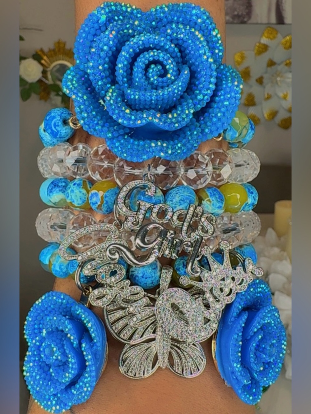 Blue Beaded Rose Stack Bracelet Set with Agate gemstone & Crystal glass beads